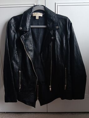 Michael KORS Black Faux Leather Moto Jacket with Silver Hardware